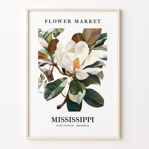 Impresión artística de la flor del estado de Mississippi, arte mural con magnolias, decoración botánica en tonos pastel de los años 60, decoración neutra para el hogar, mercado de flores de Mississippi, C31-89