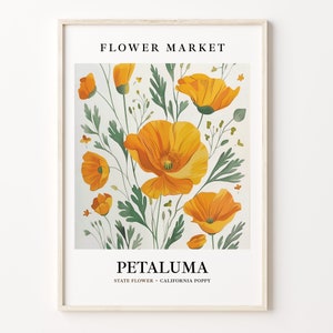 Kalifornien Blumenmarkt Kunstdruck, Kalifornien Mohnblume Wandkunst, Petaluma Blume, Botanisches Pastell Kunstwerk, C31-161