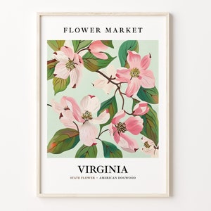 Virginia State Flower Art Print, American Dogwood 1960's Wall Art, Neutral Botanical Pastel Artwork, Flower Market Decor, C31-57