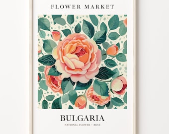 Bulgaria National Flower Art Print: 1960's Rose, Botanical Pastel