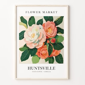 Huntsville Alabama Flower Market Art Print, Camellia Wall Art, Botanical Pastel Artwork, Huntsville Flower Decor, C31-291