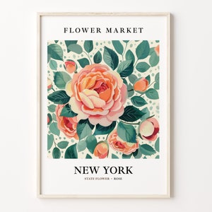 New York State Flower Print, 1960's Rose Art, New York Flower Market Wall Art, Neutral Pastel Botanical Décor, C31-62