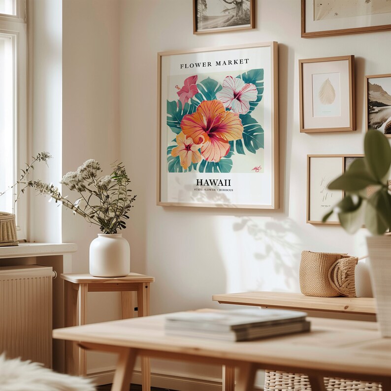 Hawaiian Hibiscus Art Print: 1960s Botanical Pastel Wall Decor image 3