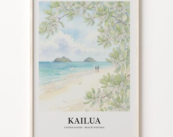 Coastal Art Print, Kailua Beach Poster With Naupaka Flowers