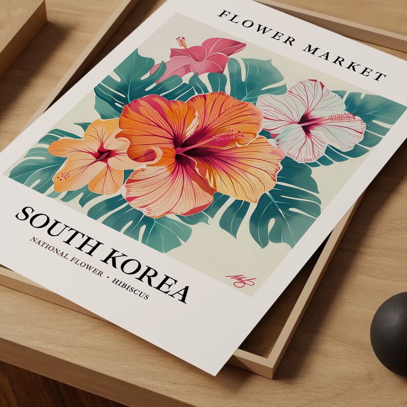 South Korea Hibiscus Art Print: 1960s Pastel Botanical Wall Art imagen 7