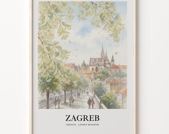 Zagreb Poster, Watercolor Cityscape on 200 Gsm Matte Paper