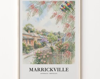 Watercolor Poster of Marrickville, Grevillea Birds and Street Scene
