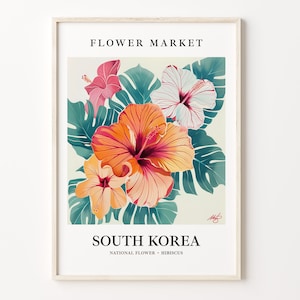 South Korea Hibiscus Art Print: 1960s Pastel Botanical Wall Art imagen 1