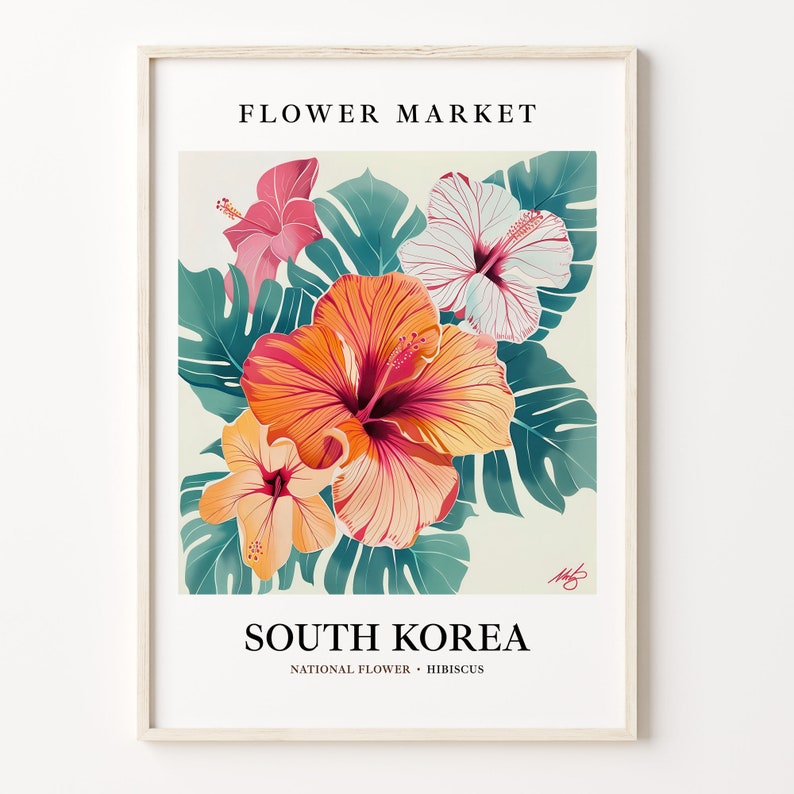 South Korea Hibiscus Art Print: 1960s Pastel Botanical Wall Art imagen 1