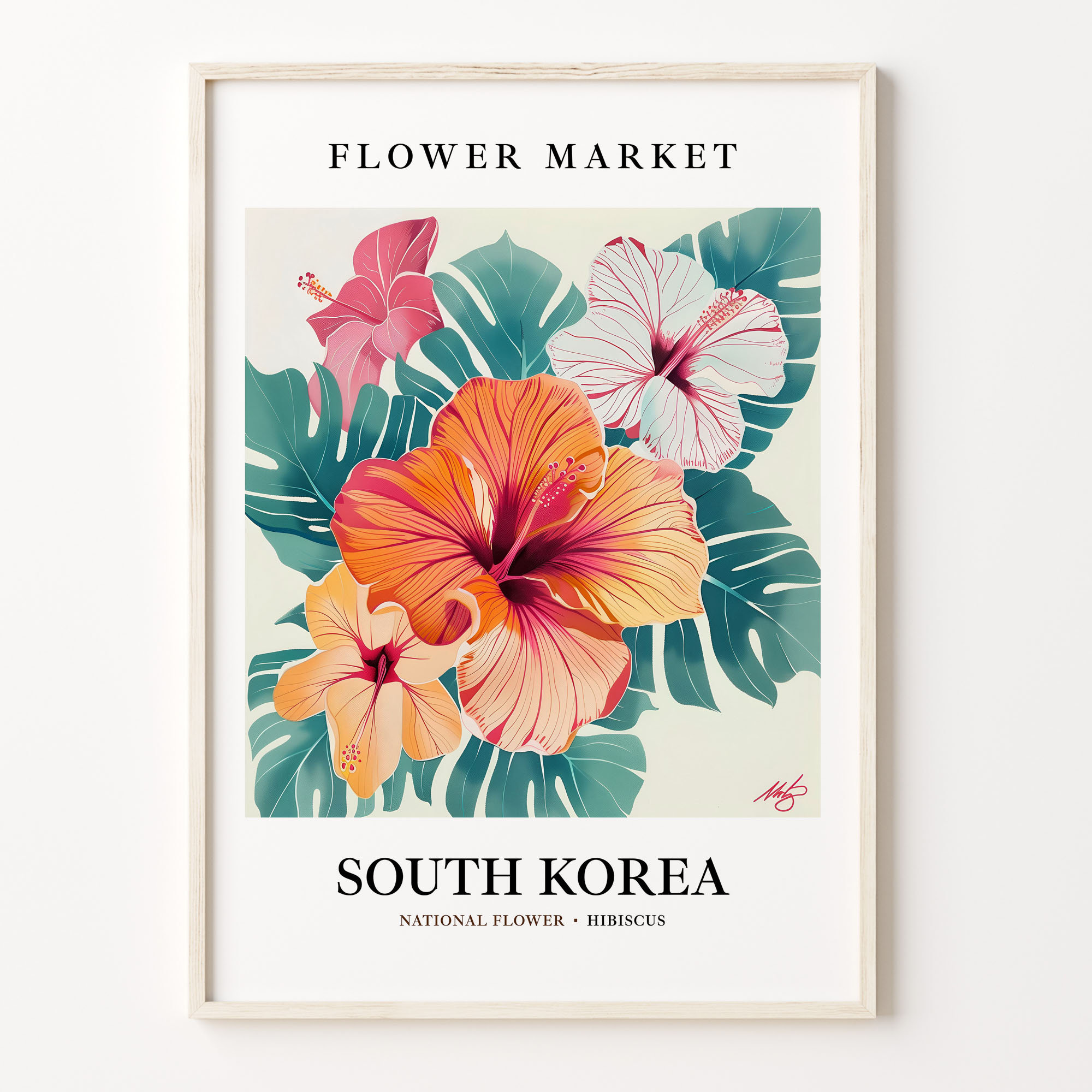 South Korea National Flower Art Print, 1960's Hibiscus Wall Art, Neutral Pastel Botanical Artwork, South Korea Flower Market, C31-564