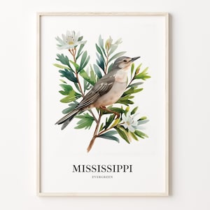 Impresión de arte de aves del estado de Mississippi, obras de arte de flores del estado, decoración de arte de la pared de Mississippi, decoración del hogar, idea de regalo, C31-118