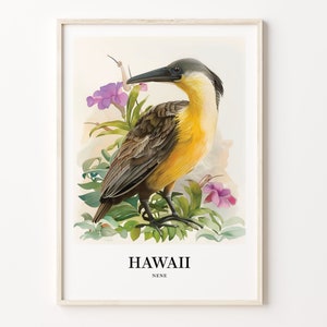 Hawaii State Bird Nene Art Print: Hibiscus Flower Wall Art