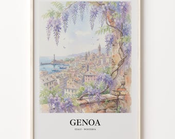Genoa Poster, Watercolor Cityscape With Wisteria on Matte Paper