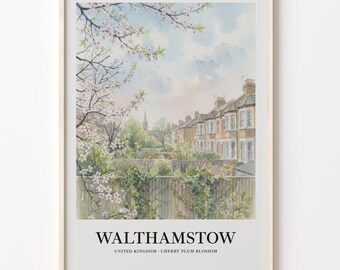 London Art Print, Walthamstow Watercolor With Cherry Plum Blossoms