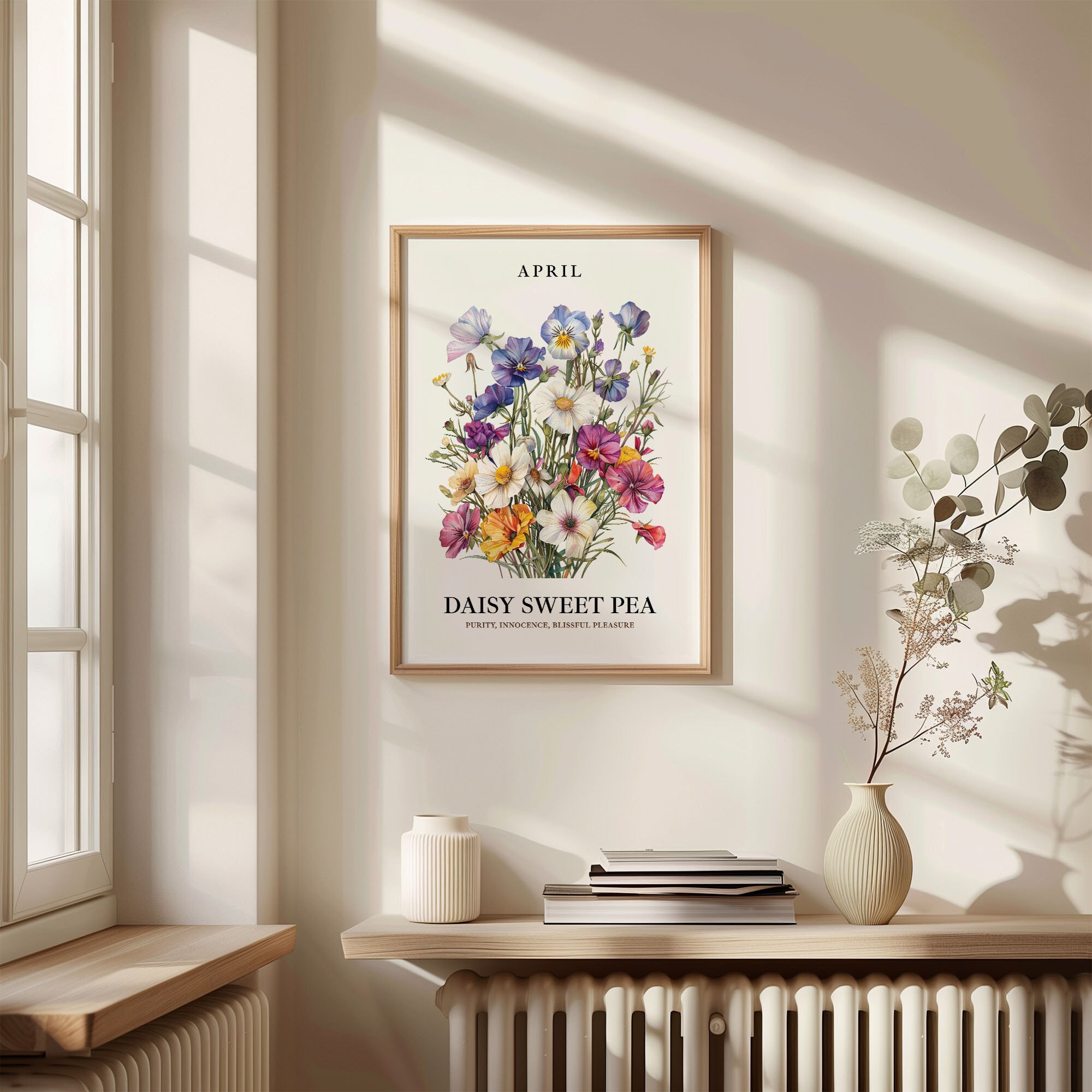 April Flower Art Print: Daisy Sweet Pea, 1960s Pastel Floral Decor