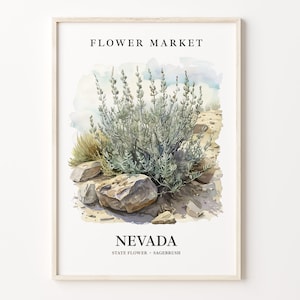 Nevada State Flower Art Print, Sagebrush Botanical Wall Art, 1960's Nevada Flower Market, Neutral Pastel Home Decor, C31-74