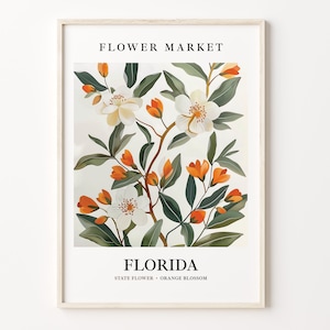 Florida State Flower Art Print, 1960s Orange Blossom Wall Art, Neutral Botanical Pastel Artwork, Florida Flower Market Decor, C31-44