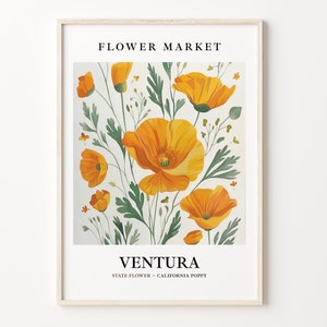Ventura Flower Market Art Print, California Poppy Wall Art, Botanical Pastel Artwork, Ventura California Flower Decor, C31-257