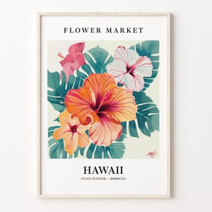 Hawaiian Hibiscus Art Print: 1960s Botanical Pastel Wall Decor image 1