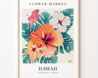 Hawaiian Hibiscus Art Print: 1960s Botanical Pastel Wall Decor