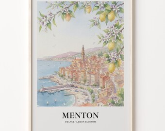 Menton Art Print, Lemon Blossom Watercolor Coastal Cityscape Poster