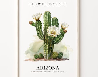 Saguaro Cactus Blossom Art Print: Arizona State Flower, 1960s Botanical Wall Art