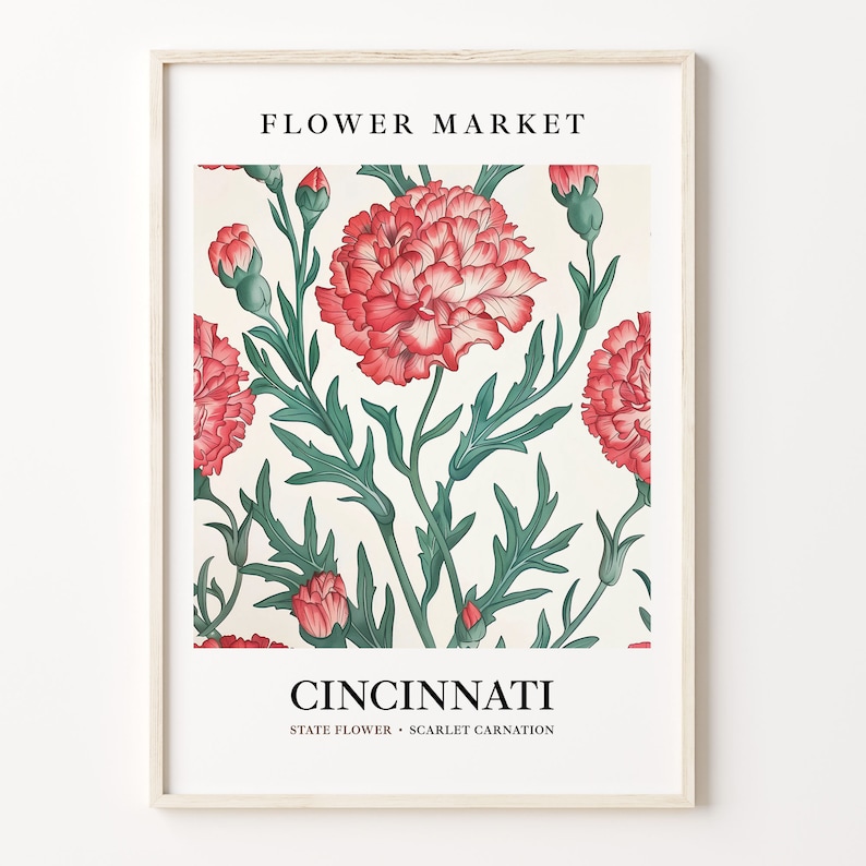Cincinnati Flower Market Print: Scarlet Carnation Art, Ohio Home Decor 画像 1