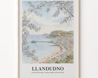 Giclee Art Print of Llandudno, Pink Blossom Coastal Watercolor Poster
