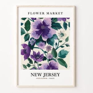 New Jersey State Flower Art Print, Violet 1960s Wall Art, Neutral Botanical Pastel Artwork, New Jersey Flower Market Decor, C31-63