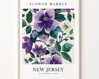 New Jersey Violet Flower Art Print: 1960s Botanical Wall Decor