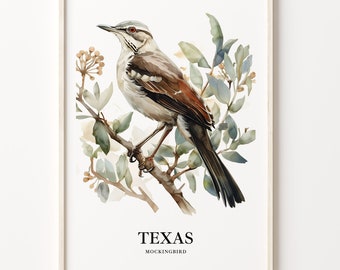 Texas State Bird Art Print: Mockingbird & Bluebonnet Wall Decor