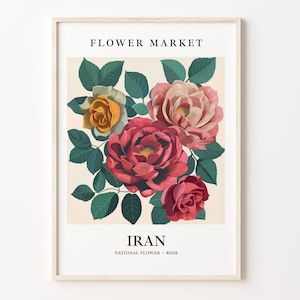 Impresión artística del mercado de flores de Irán, arte mural con rosas, obra de arte botánica en colores pastel, flor de Irán, decoración floral, C31-547