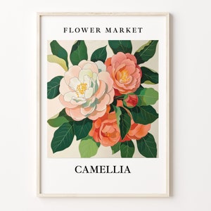 Camellia Flower Market Art Print, Botanical Pastel Artwork, Camellia Wall Art, Flower Home Decor, Art for Living Room, C31-339