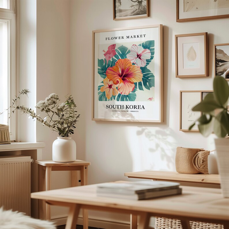 South Korea Hibiscus Art Print: 1960s Pastel Botanical Wall Art imagen 3