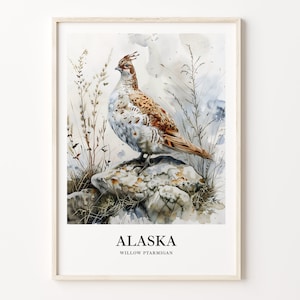 Alaska State Bird Art Print, Forget Me Not Flower, Alaska Wall Art, Home Decor, Alaska State Flower Artwork, C31-138