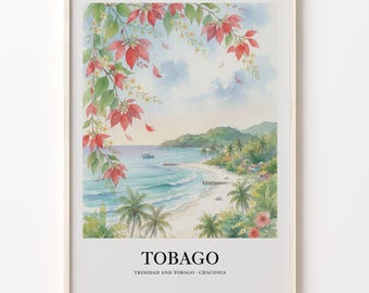 Tobago Poster, Watercolor Island Beach with Chaconia Flowers