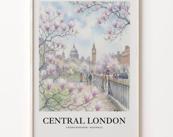 London Poster With Magnolia Watercolor, 200 Gsm Matte Paper City Art