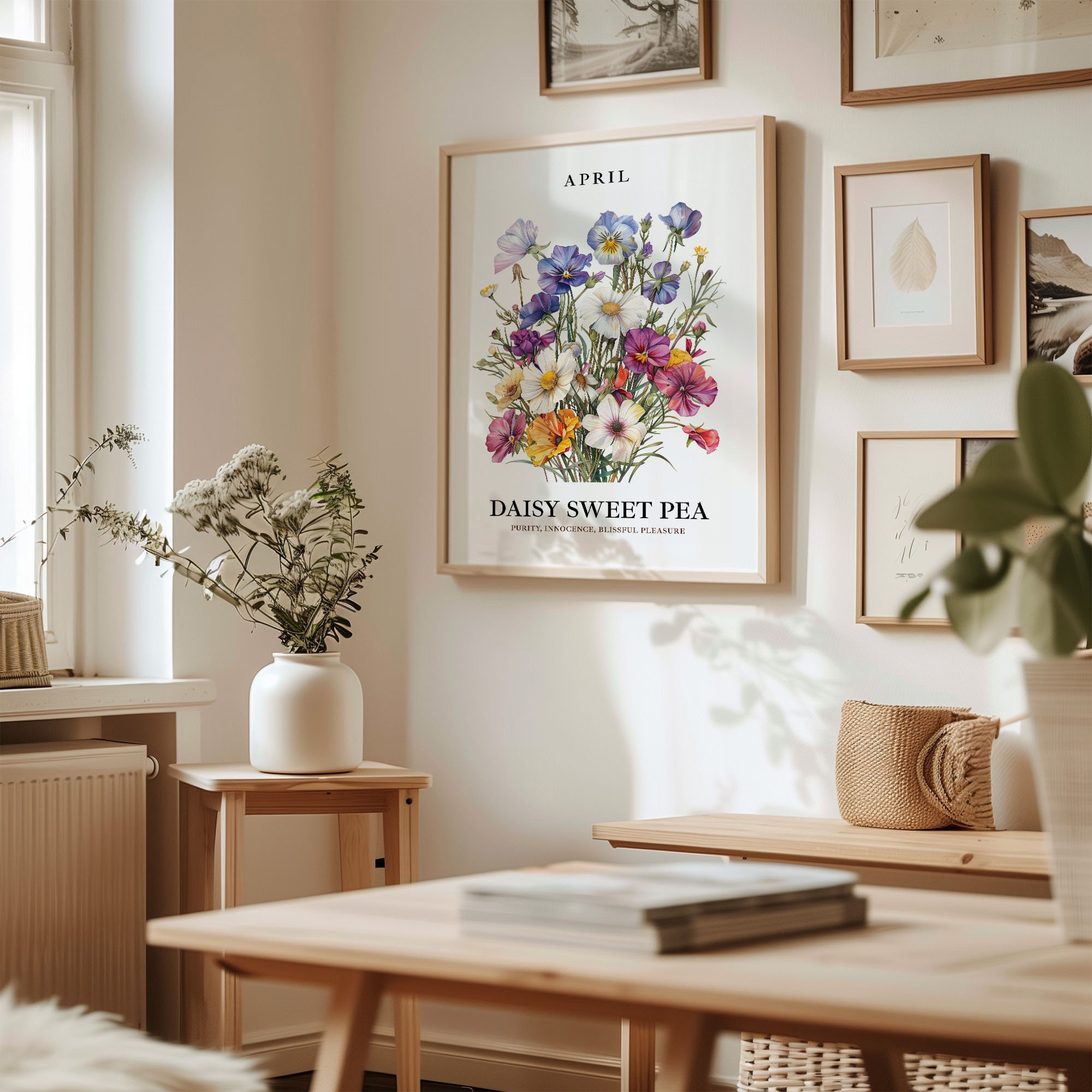 April Flower Art Print: Daisy Sweet Pea, 1960s Pastel Floral Decor