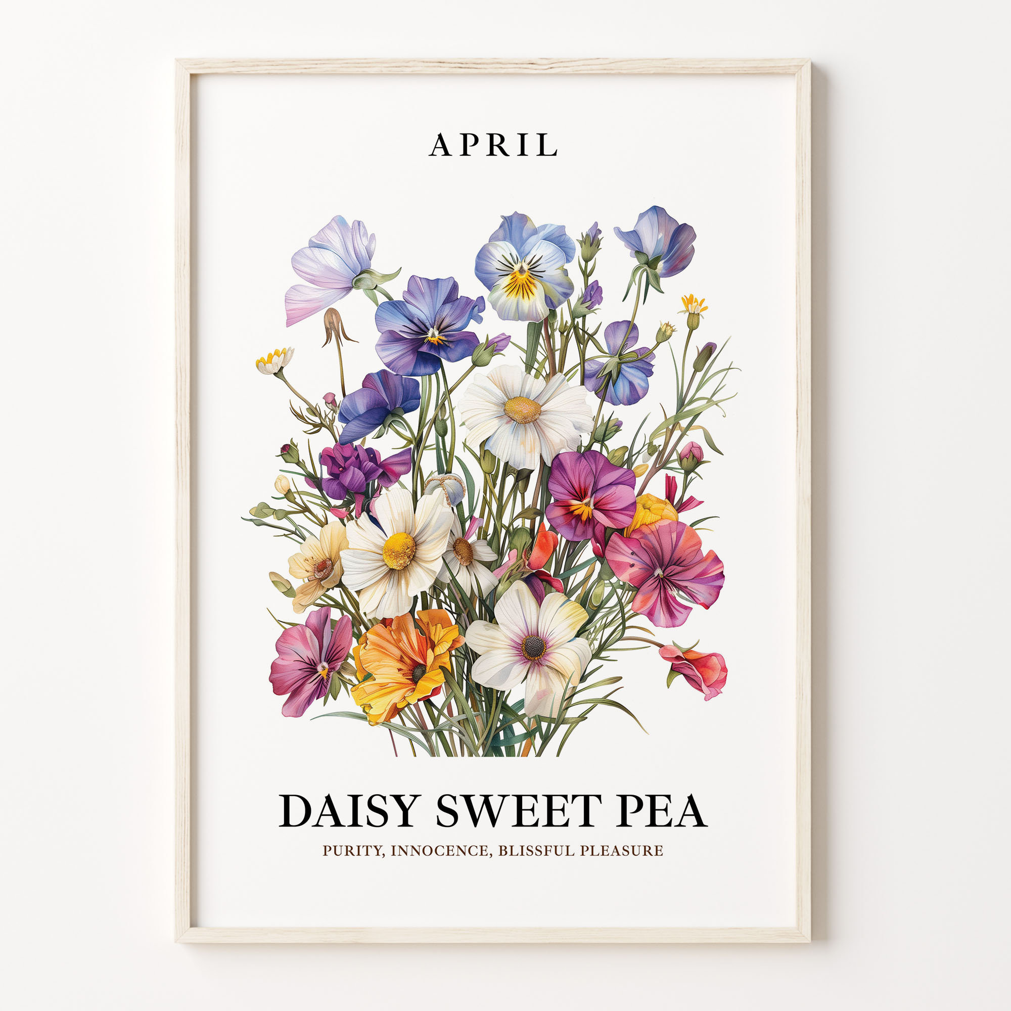 April Flower Art Print: Daisy Sweet Pea, 1960s Pastel Floral Decor