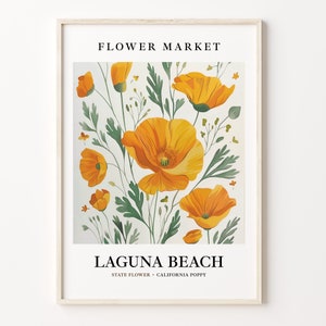 Laguna Beach Flower Market Art Print, California Poppy Wall Art, Botanical Pastel Artwork, Laguna Beach California Decor, C31-283