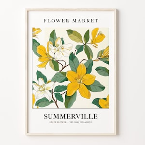 Summerville SC Flower Market Art Print, Summerville City Poster, Yellow Jessamine Wall Art, Botanical Pastel Artwork Decor, C31-199