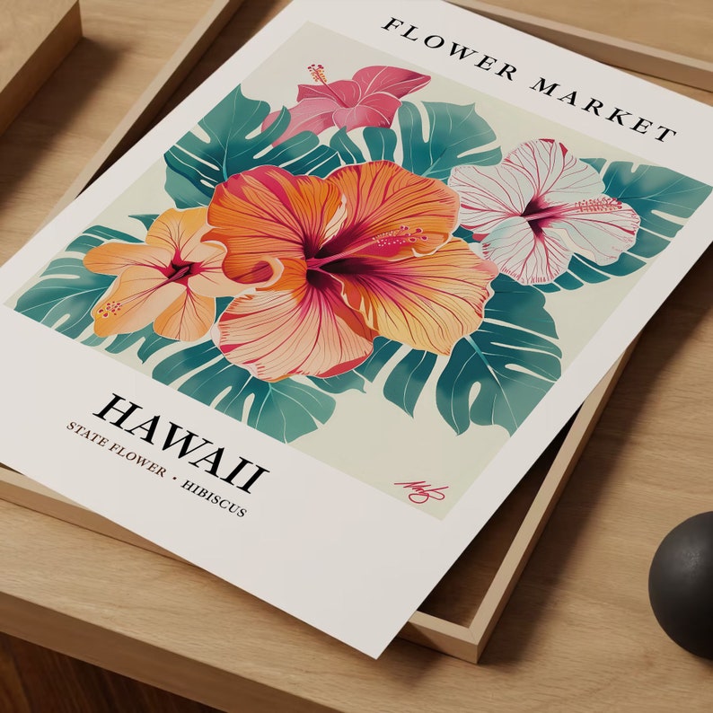 Hawaiian Hibiscus Art Print: 1960s Botanical Pastel Wall Decor image 7