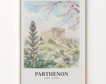 Parthenon Poster, Watercolor Greek Temple With Pink Blossoms