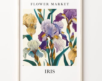 Iris Flower Market Art Print: Botanical Pastel Floral Decor