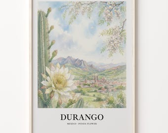 Boho Art Print, Durango Watercolor Landscape with Pitaya Flower