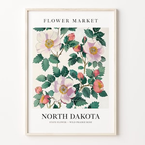 North Dakota State Flower Art Print, Wild Prairie Rose Wall Art, 1960's Botanical Print, Neutral Pastel Decor, Flower Market Artwork, C31-91