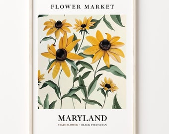 Black Eyed Susan Art Print: Vintage Maryland State Flower, Botanical Pastel