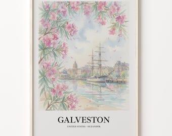 Galveston Art Print, Watercolor Harbor With Pink Oleander on 200 gsm Matte Paper