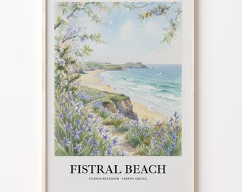 Coastal Art Print of Fistral Beach, Watercolor Landscape on Matte Paper