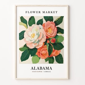 Impression d'art fleur de l'état de l'Alabama, art mural camélia des années 1960, oeuvre d'art botanique pastel neutre, déco marché aux fleurs de l'Alabama, C31-71